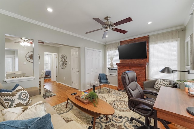 office with crown molding, ceiling fan, and light hardwood / wood-style floors