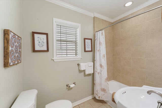 bathroom featuring tile patterned floors, toilet, shower / bath combination with curtain, and ornamental molding