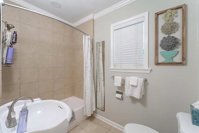 full bathroom featuring sink, shower / bathtub combination with curtain, tile patterned floors, crown molding, and toilet