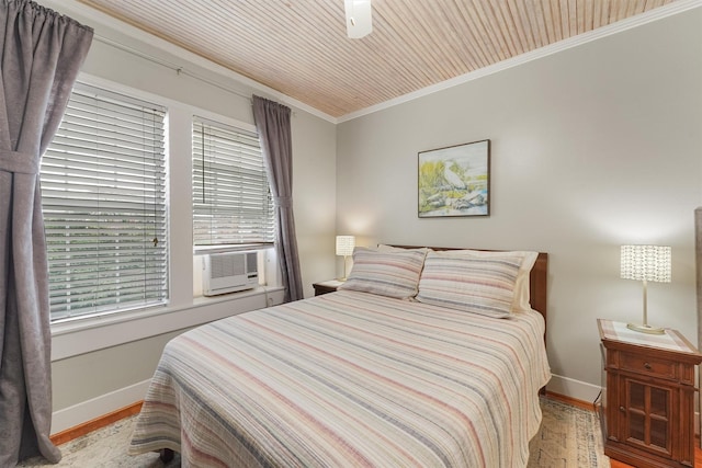 bedroom with ceiling fan, wooden ceiling, crown molding, cooling unit, and light hardwood / wood-style floors