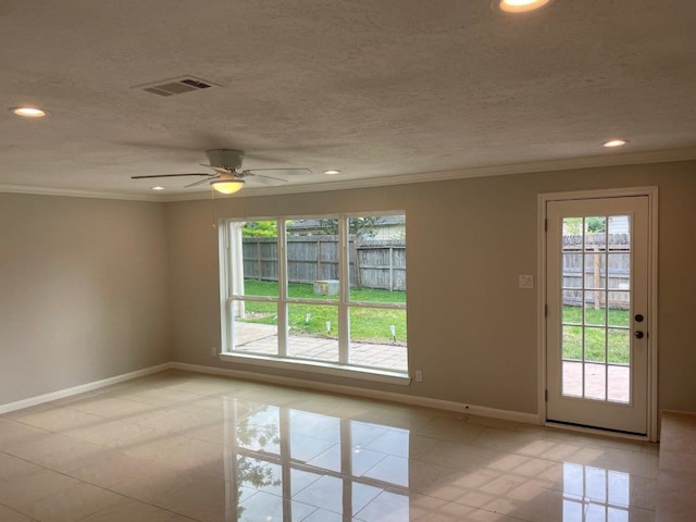 unfurnished room with light tile patterned floors, a textured ceiling, ceiling fan, and crown molding