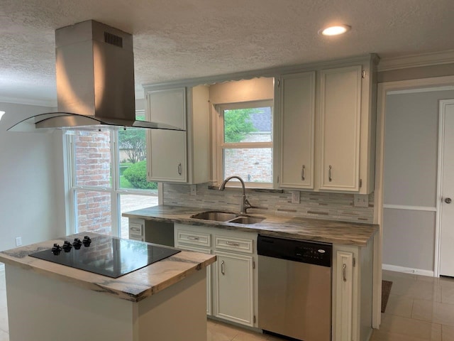 kitchen featuring dishwasher, a center island, black electric stovetop, sink, and island exhaust hood