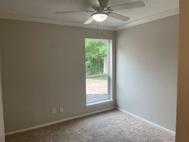 carpeted spare room with ceiling fan, a healthy amount of sunlight, ornamental molding, and a textured ceiling