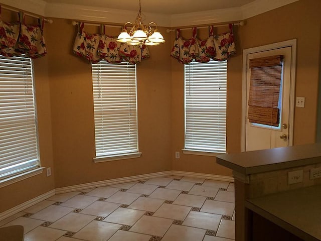 unfurnished dining area with an inviting chandelier