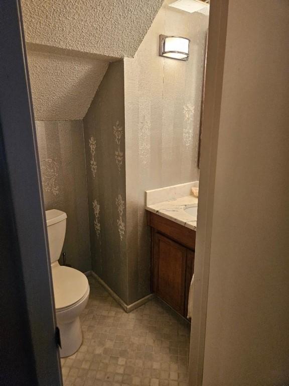 bathroom with vanity, lofted ceiling, and toilet