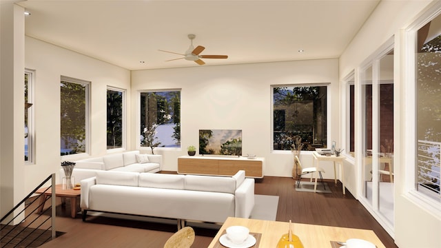 living room featuring dark hardwood / wood-style floors and ceiling fan