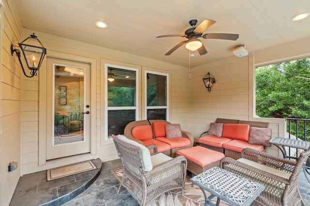 view of patio / terrace featuring an outdoor living space and ceiling fan