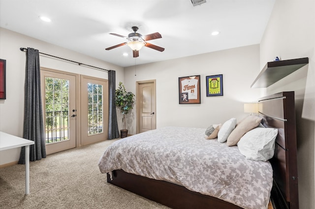 carpeted bedroom featuring access to outside and ceiling fan