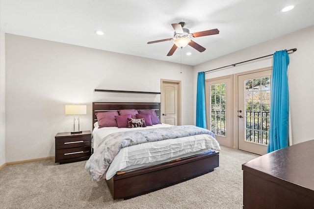 carpeted bedroom featuring ceiling fan and access to exterior