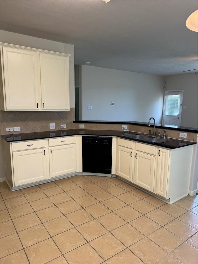 kitchen with white cabinetry, light tile patterned floors, kitchen peninsula, dishwasher, and sink