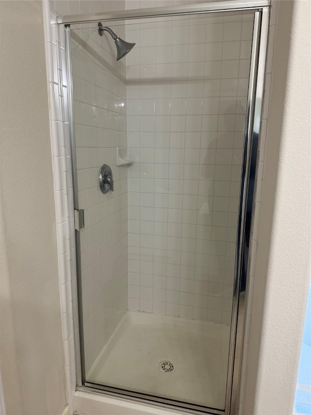 bathroom with a shower with shower door