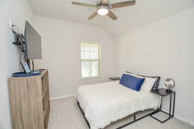 bedroom featuring light colored carpet, ceiling fan, and lofted ceiling