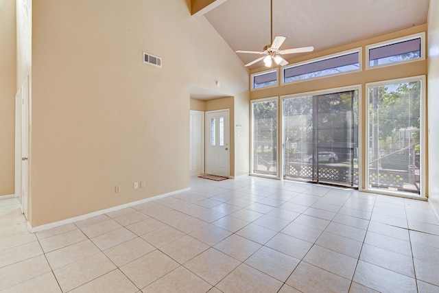 tiled spare room featuring beamed ceiling, high vaulted ceiling, and ceiling fan