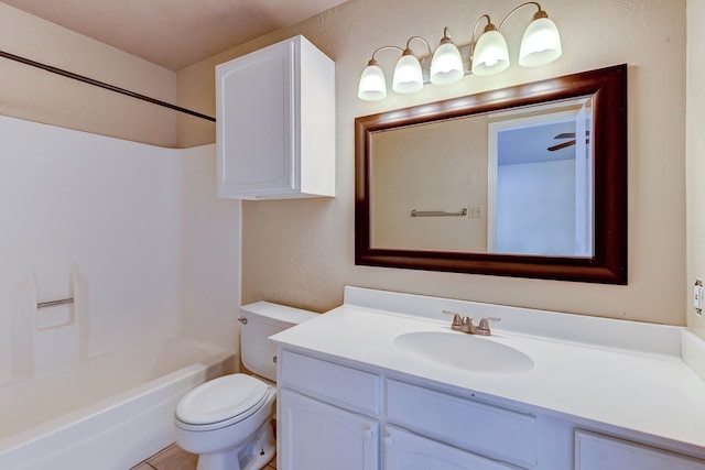 full bathroom with shower / bathing tub combination, vanity, and toilet