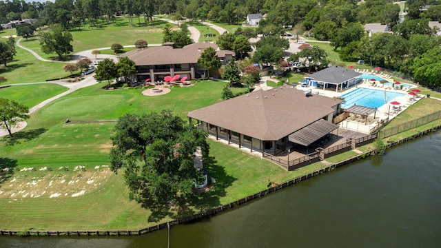 drone / aerial view with a water view