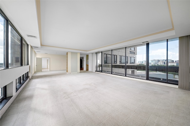 unfurnished living room featuring a wall of windows, light carpet, and a tray ceiling