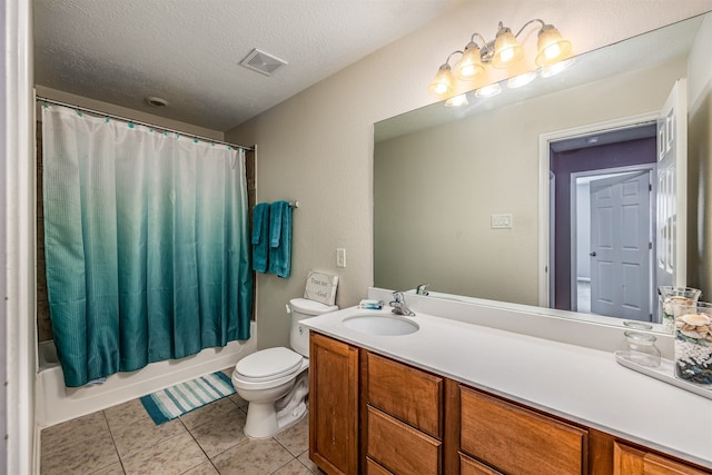 full bathroom with shower / bath combination with curtain, a textured ceiling, tile floors, toilet, and large vanity