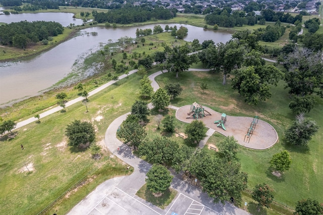 aerial view featuring a water view