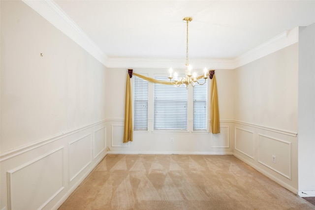 interior space with light colored carpet, an inviting chandelier, and crown molding