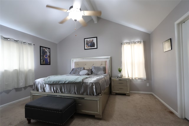 bedroom featuring lofted ceiling, carpet, and ceiling fan