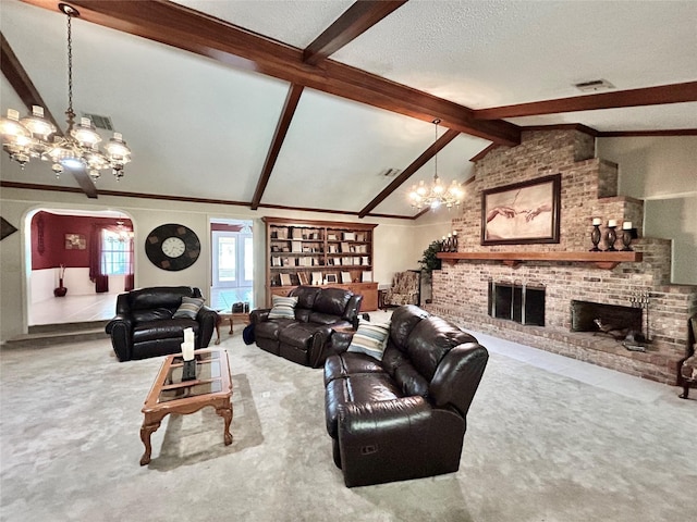 carpeted living room featuring an inviting chandelier, lofted ceiling with beams, a textured ceiling, and a brick fireplace