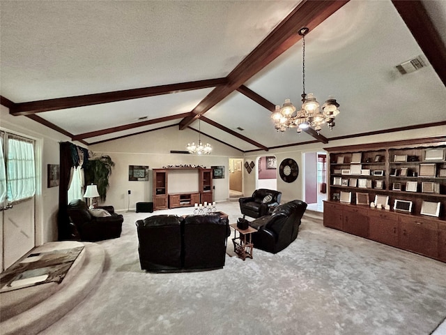 living area featuring vaulted ceiling with beams, a textured ceiling, a chandelier, visible vents, and carpet