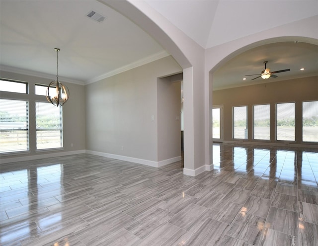 spare room featuring light wood-type flooring, ceiling fan with notable chandelier, and crown molding