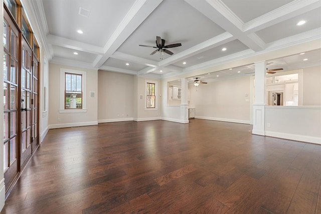 unfurnished living room with dark hardwood / wood-style floors, beamed ceiling, coffered ceiling, ceiling fan, and crown molding