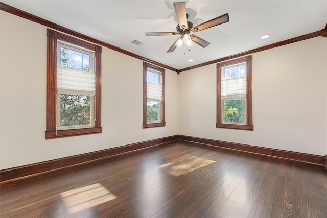 unfurnished room featuring ceiling fan, ornamental molding, and dark hardwood / wood-style floors