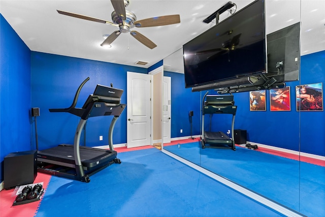 exercise room featuring ceiling fan