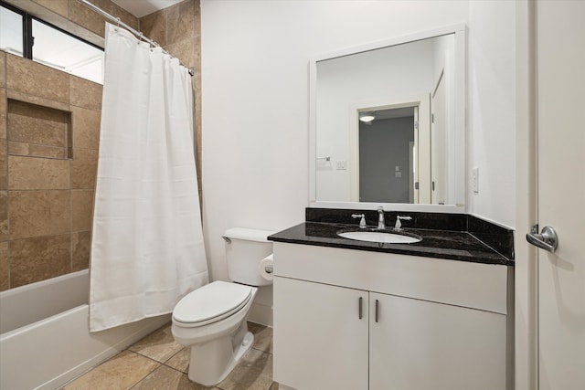 full bathroom with shower / bathtub combination with curtain, oversized vanity, toilet, and tile floors