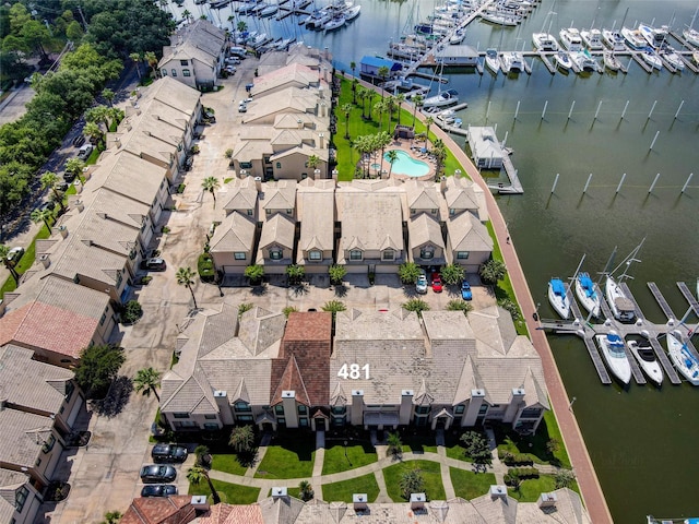 birds eye view of property featuring a water view