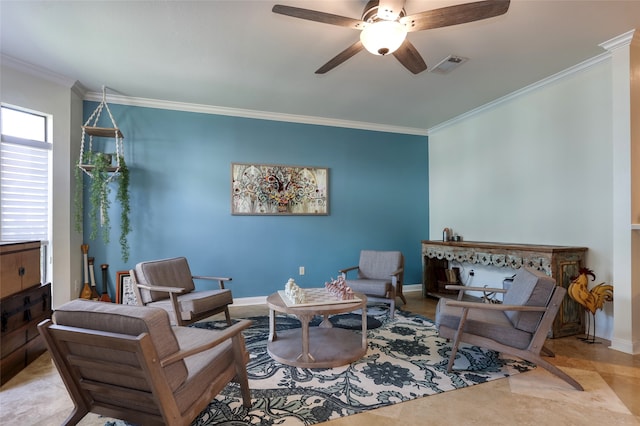 living area featuring light tile patterned floors, ceiling fan, and crown molding