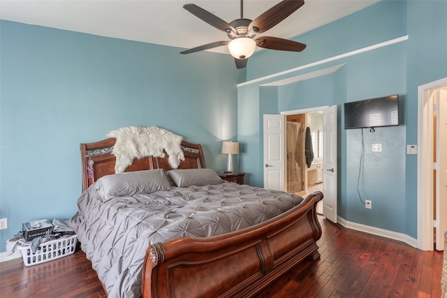 bedroom featuring dark hardwood / wood-style floors and ceiling fan