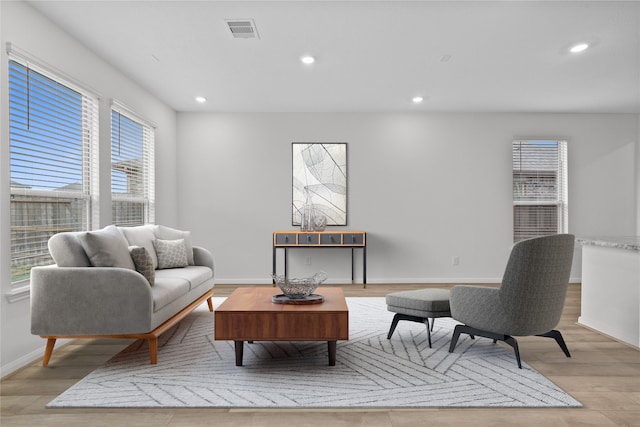 living room with a healthy amount of sunlight and light hardwood / wood-style flooring