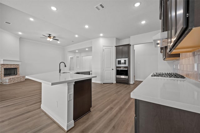 kitchen with sink, a fireplace, ceiling fan, a kitchen island with sink, and appliances with stainless steel finishes