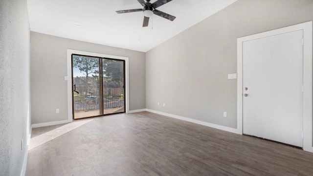 unfurnished room with lofted ceiling, hardwood / wood-style flooring, and ceiling fan