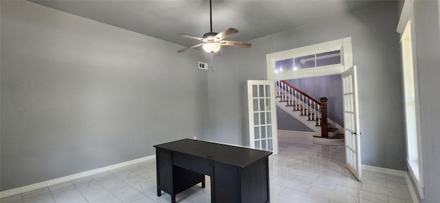 office featuring ceiling fan and french doors