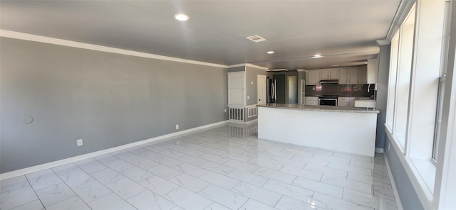 kitchen with backsplash, light stone counters, crown molding, sink, and stainless steel range with electric cooktop