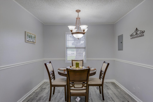 dining space featuring hardwood / wood-style floors, electric panel, a textured ceiling, and a notable chandelier