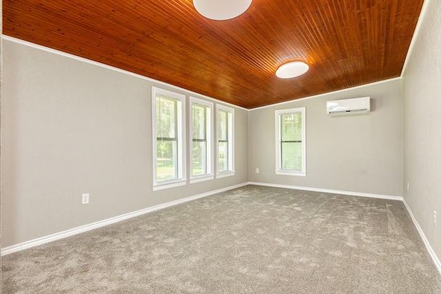 carpeted spare room featuring ornamental molding, a wall mounted air conditioner, and wood ceiling