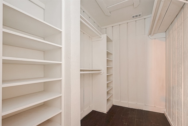 walk in closet with dark hardwood / wood-style flooring