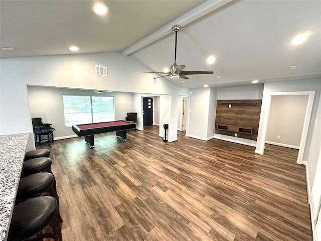 recreation room with pool table, dark wood-type flooring, lofted ceiling with beams, and ceiling fan