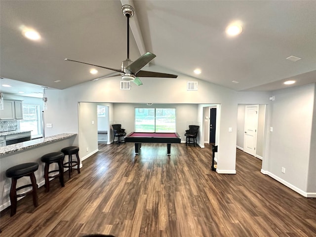 playroom featuring a healthy amount of sunlight, dark wood-type flooring, billiards, and lofted ceiling