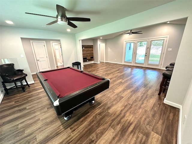 recreation room featuring french doors, billiards, and dark hardwood / wood-style floors