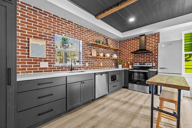 kitchen with wall chimney range hood, gray cabinetry, light hardwood / wood-style flooring, appliances with stainless steel finishes, and sink