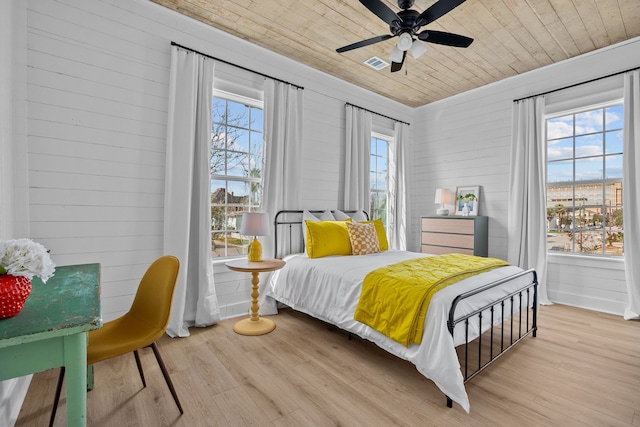 bedroom with wood ceiling, ceiling fan, and light hardwood / wood-style flooring