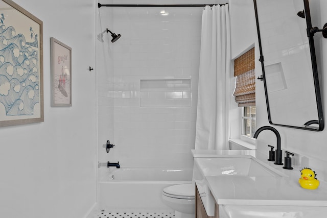 full bathroom with oversized vanity, shower / bath combination with curtain, toilet, and tile floors