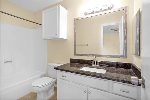 full bathroom featuring shower / bathtub combination, tile floors, large vanity, ceiling fan, and toilet