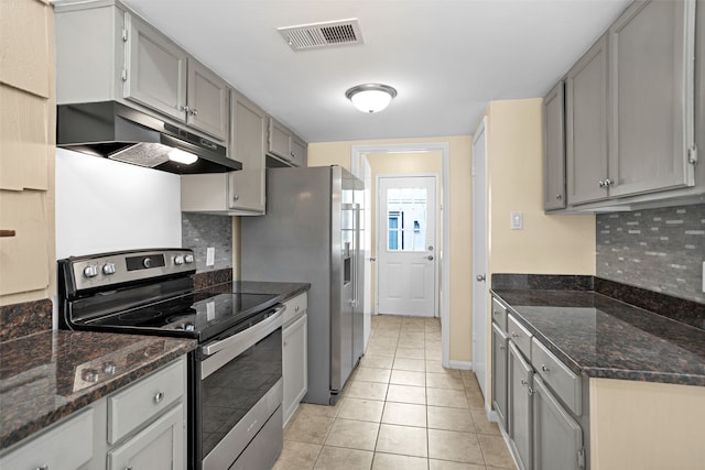 kitchen with backsplash, gray cabinetry, electric stove, and light tile flooring